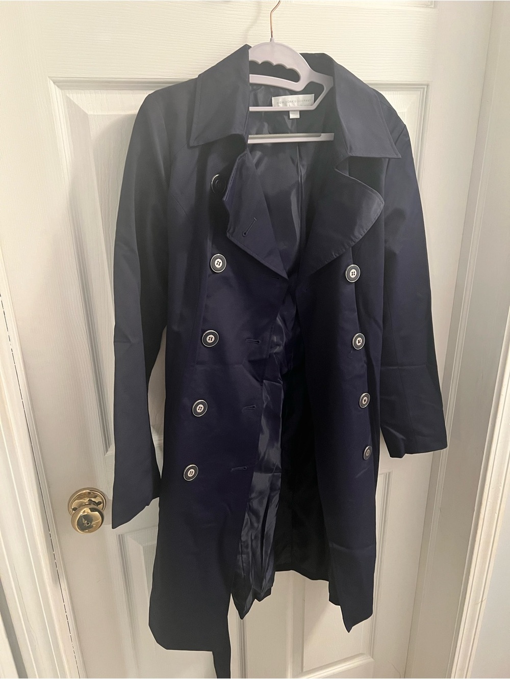 New York & Company Navy Double-Breasted Trench Coat